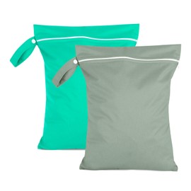 Moorle Pack of 2 Wet Bags 40 x 30 cm, Waterproof Laundry Bag, Grey & Green, Reusable Travel Wet Bag with Zip, Small Wet Bag Swimming for Swimsuits, Beach Towels, Nappies