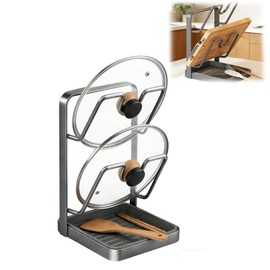 uwoneg kitchen pot lid storage rack with tray, pot lid organizer stove top, Multi-Functional Organizer for Counter or Stove, Holds Lids, Cutting Boards & Spoons While Cooking