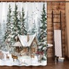 Christmas Winter Shower Curtain, Forest Snowy Deer Pine Tree Red