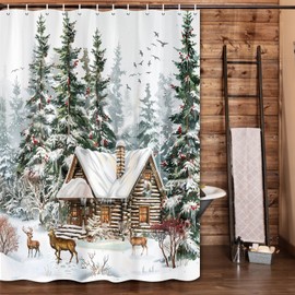Christmas Winter Shower Curtain, Forest Snowy Deer Pine Tree Red Bird Xmas Snowflake Holiday Decorative Bath Curtain, Rustic Farmhouse Fabric Waterproof Bathroom Curtain with 12 Hooks, 69X72in
