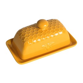 Bicuzat Ceramic Butter Dish with Lid Butter Keeper Butter Plate Tray for Kitchen Countertop Honeycomb and Bee Pattern Butter Crock Keeper Saver