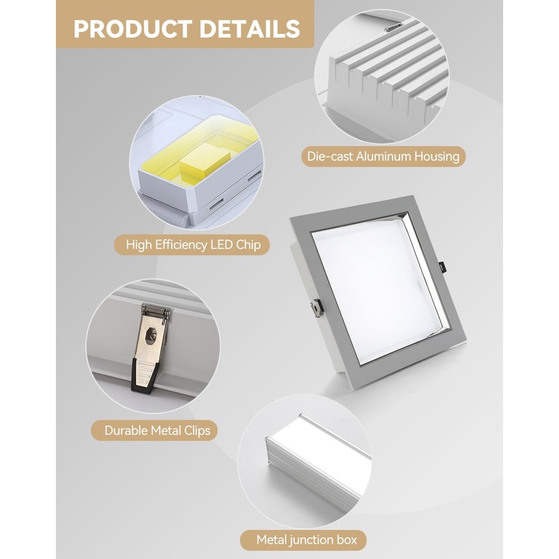 HITOO 8 Inch Square Recessed Light 5000K Anti-Glare LED Ceiling