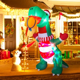 Dawdix 8FT Christmas Inflatables Dinosaur - Blow Up Dinosaur Yard Decoration with Christmas Hat & Gift Box, Built-in 360°Rotating Colorful LED Lights Décor for Indoor Outdoor Yard Garden…