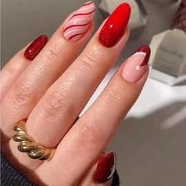 Christmas Press on Nails Medium Almond SWEKKE French Tip Fake Nails Red False Nails with Designs Santa Hat Swirl Glitter Full Cover Glossy Glue on Nails Xmas Acrylic Nails for Women Girls 24 Pcs