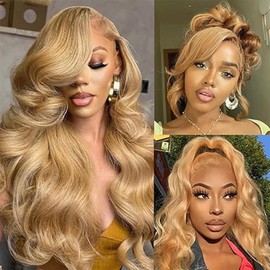 Gsoroel 24 Inch (61 cm) 13 x 6 HD Lace Front Wig Human Hair #27 Honey Blonde Colour 150% Density Body Wave Lace Front Wig Human Hair Pre Plucked Glueless Wigs Real Hair Wig for Women