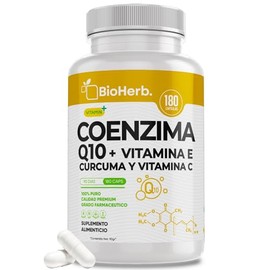 BioHerb® | Coenzima Q10 (CoQ10) 100 mg por Porción [Potenciada con: Vitamina E, C y Curcuma] 180 Capsulas de 500mg Mejora Rendimiento | Calidad Suprem