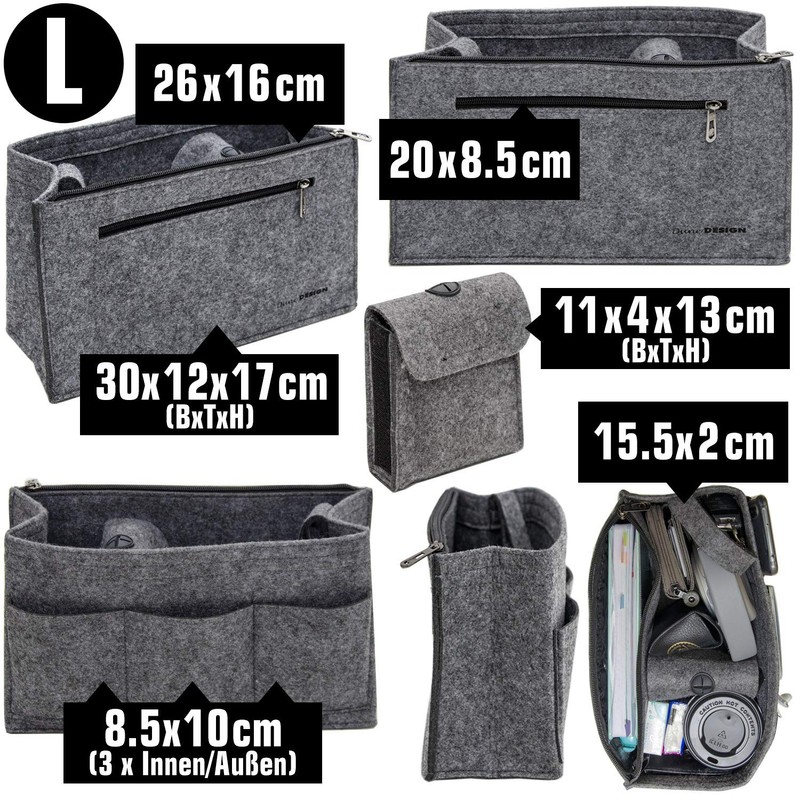 DuneDesign Handbag Organiser Felt Bag Insert Inner Pocket Grey, Grey