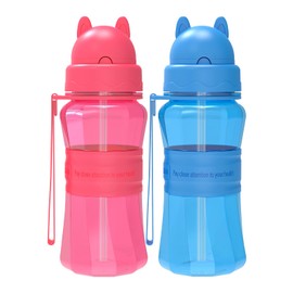 Sigdio Children's Drinking Bottle with Straw, BPA-Free, Set of 2, Children's Water Bottle, Leak-Proof Sports Drinking Bottles with Carry Strap for School and Nursery (Pink, Red/Blue)