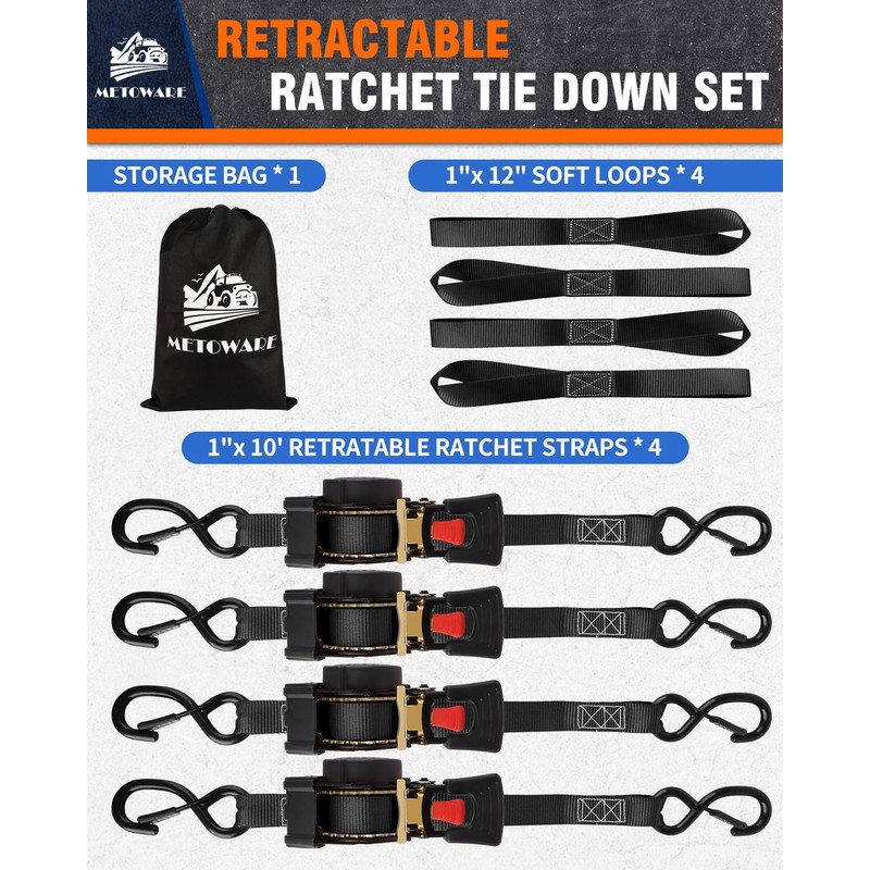 METOWARE Retractable Ratchet Straps (4-Pack) - 1" x 10' (1500lb