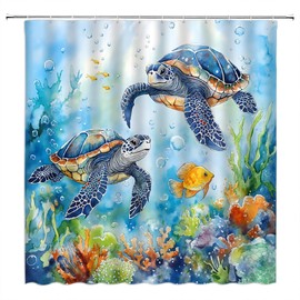 Ocean Turtle Shower Curtain,Blue Sea Animal Underwater Seaweed Watercolor Polyester Bathroom Curtain with 12 Hooks,70x70 Inch