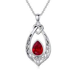 Celtic Knot Red Necklace 925 Sterling Silver Oxidized Vintage Love Knot Pendant Necklace with Simulated July Ruby Birthstone Crystal, Birthday Christmas Jewellery Gifts for Women