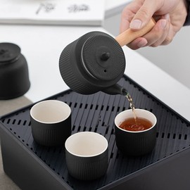 DUEBEL Chinese Tea Pot Cup Set with Tray - Travel Ceramic Tea set Porcelain Teapot, Portable All in One Gift Bag for Outdoor Picnic Business Hotel (Gray)