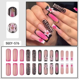 Press on Nails Pink Long Square with Flowers Stick on Nail 24pcs