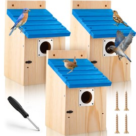Dreyoo 3 Pack Bluebird Houses for Outside with Metal Predator Guard, 1-1/2" Entrance Hole Wooden Blue Bird Houses for Outdoors, Bluebird Nesting Box(Blue Roof, Wood Body)