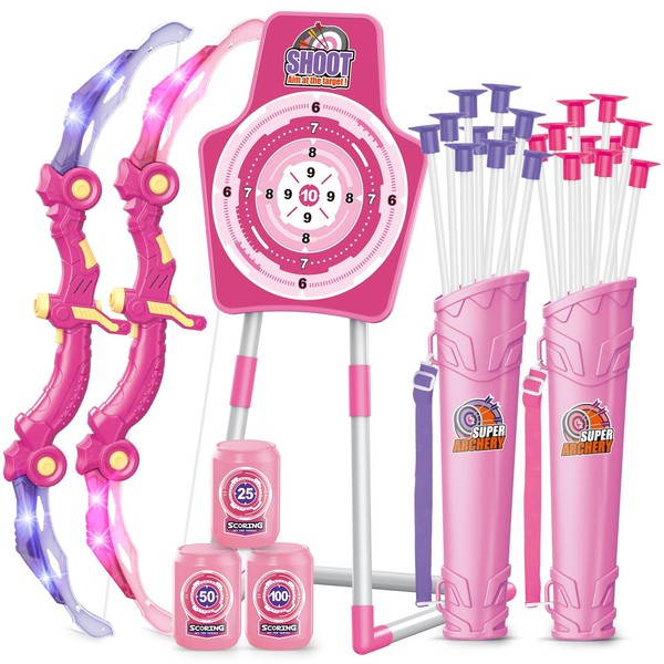 Bow and Arrow Toys for 5 6 7 8 9 10 Years Olds Girls, Archery Set Includes 2 Super Bow with LED Lights, 20 Suction Cups Arrows,Archery Set with Standing Target,3 Target Cans,Gift for Kids