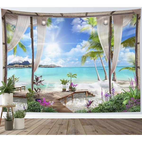LB Tapestry Turquoise Ocean Wall Towel Beach Wall Hanging Tropical Island Landscape from Balcony Tapestry for Living Room Bedroom Dorm Wall Decoration 200 x 150 cm