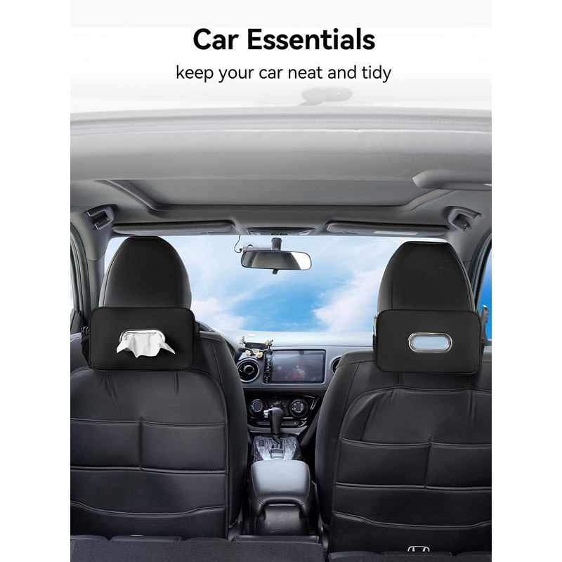 Multi-Functional Car Tissue Holder with ‌2 Storage Nets, Upgraded PU