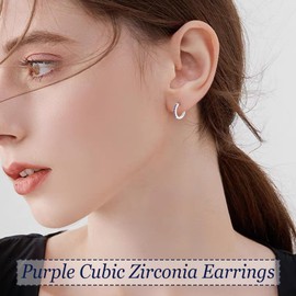 USEEDOVIA Silver Hoop Earrings for Women,Small Huggie Hoops Earrings 10.5mm,Hypoallergenic S925 Sterling Silver Earrings,Purple Cubic Zirconia Earrings Birthday Gifts for Her