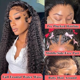 GCTGCT 34 Inch 13x6 Lace Front Wigs Human Hair Water Wave Hd Lace Frontal Wigs Human Hair Wet And Wavy Pre Plucked With Baby Hair 200 Density Water Wave Glueless Frontal Wigs For Women Natural Color