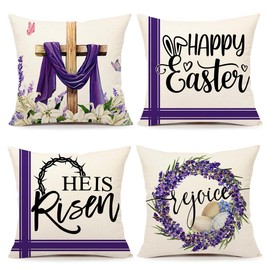 4TH Emotion Easter Throw Pillow Covers 20 x 20 Inch Set of 4, He is Risen Spring Farmhouse Holiday Purple Cushion Case for Home Sofa Couch Decoration TH177-20