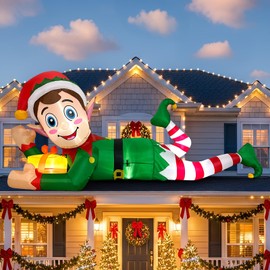 AerWo 10FT Christmas Inflatable Outdoor Decoration, Giant Lying Elf Inflatable Outdoor Built-in LED Lights, Christmas Blow Up Yard Decorations for Outside Lawn Garden Holiday Party Xmas Decor