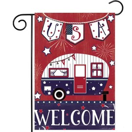 Morigins 4th of July Celebrate USA Patriotic Garden Flag Double Sided Camper Bus Independence Day Freedom Fireworks Yard Decoration 12.5x18 inch