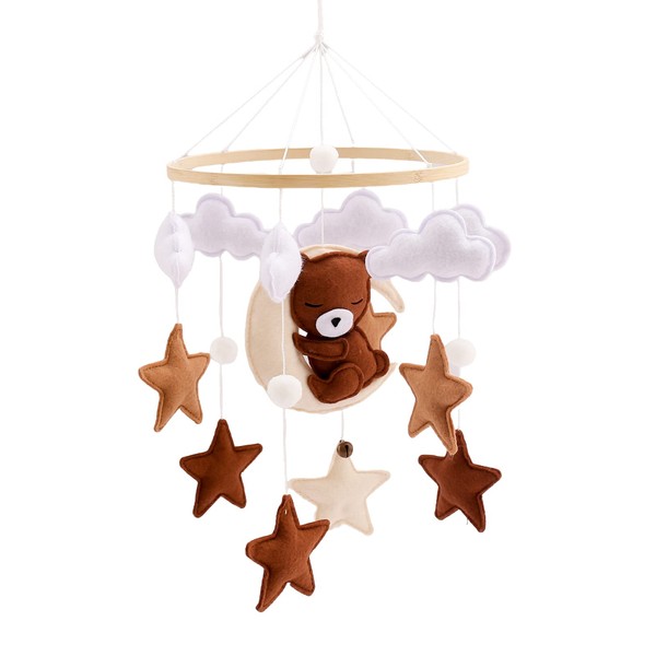 Promise Babe Mobile for Baby Cot,Wood Animal Cot Mobile Cloud Star Moon Baby Mobile Bear Handmade Crocheted Animal Wind Chimes Pendant Newborn Boy Girl Bed Bell Hanging Deco Nursery Mobiles for Babies