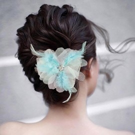 Yheahin Vintage Women Feather Flower Hair Clip Barrettes 1920s Victoria Large Tulle Floral Headpiece with Crystal for Bridal Wedding Hawaii Beach Dance Tea Party (Green)