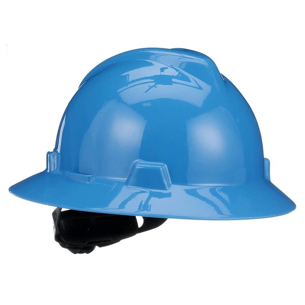 MSA 475368 V-Gard Full-Brim Hard Hat With Fas-Trac III Ratchet Suspension | Polyethylene Shell, Superior Impact Protection, Self Adjusting Crown-Straps - Standard Size in Blue
