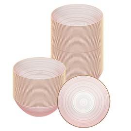 Restaurantware Plastic Bowls 20 Pcs 16 oz Gold Rimmed Disposable Soup Bowls Heavy-Duty Pink Translucent Rippled Dinnerware Containers for Party, Desserts, Salads, Snacks, and Catering