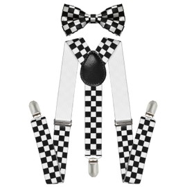 trilece Checkered Suspenders Bow Tie Set for Boys Child Kids Girls Toddlers Baby - Adjustable Elastic 1 inch Wide Y Back - Heavy Duty Strong Clips (6 Years to 5 Feet, Checkered White-Black)