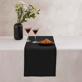 Home Ekaa Cotton Linen Table Runner 48 Inches – Spring, Easter, Summer Black Table Runner 14 x 48 Inch – Washable Hemstitch Fabric Scarf Ideal for Dresser, Wedding Decoration – Serena