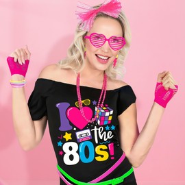 Gegvdfe 80s Outfit for Women 1980s Costume Accessories Set T Skirt Headband Bracelets Fishnet Gloves Socks Earrings for Party