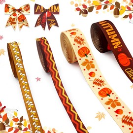 4 Rolls Fall Ribbons 3/8" Pumpkin Maple Leaves Rib Grosgrain Ribbons Orange Ribbons Autumn Words Wavy Line Thanksgiving Ribbon for Gift Wrapping Bows Fall Crafts Supplies 0.4/0.8inch, 20Yards