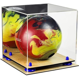 Better Display Cases Acrylic Bowling Ball Display Case with Mirror Case, Dark Blue Risers and Wood Base (B33/A028)
