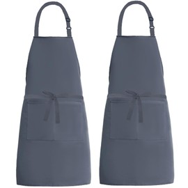 XIEJINJIA 2 Pack Adjustable Bib Apron Long Ties with 2 Pockets Thicker Canvas Water Resistant Kitchen Cooking Baking Chef Aprons for Women Men Grey