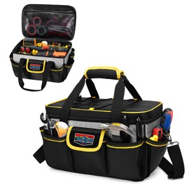 Rexmica Heavy-duty Small Tool Bag, 12-Inch Tool Storage Organizer for Men, Multi-functional Work Tote with Thick Padded Bottom and Shoulder Strap for Electrician, Repairman, Handyman, Gardener, Black