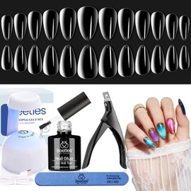Beetles Gel Nail Kit Short Almond, 240Pcs Easy Nail Extension Set Shaped Clear Tips with 5 in 1 Nail Glue Base & Top Coat and Mini UV Lamp, Nail Tips Art Acrylic Nail Kit Gifts for Women