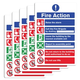 Fire Action Notice Sign - Rigid Plastic - Fire Resistance Material - Pack of 5 - Evacuation Procedure, Report to Assembly Point, With Emergency Number and Clear Fire Alarm Guidelines, 200mm x 300mm