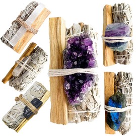 White Sage & Palo Santo Kit-6Piece Spiritual Cleansing Set with Amethyst Cluster, Black Tourmaline, Selenite Stick,Fluorite, Labradorite & Clear Quartz-for Energy Clearing(6pcs/Set sage Holy Wood)