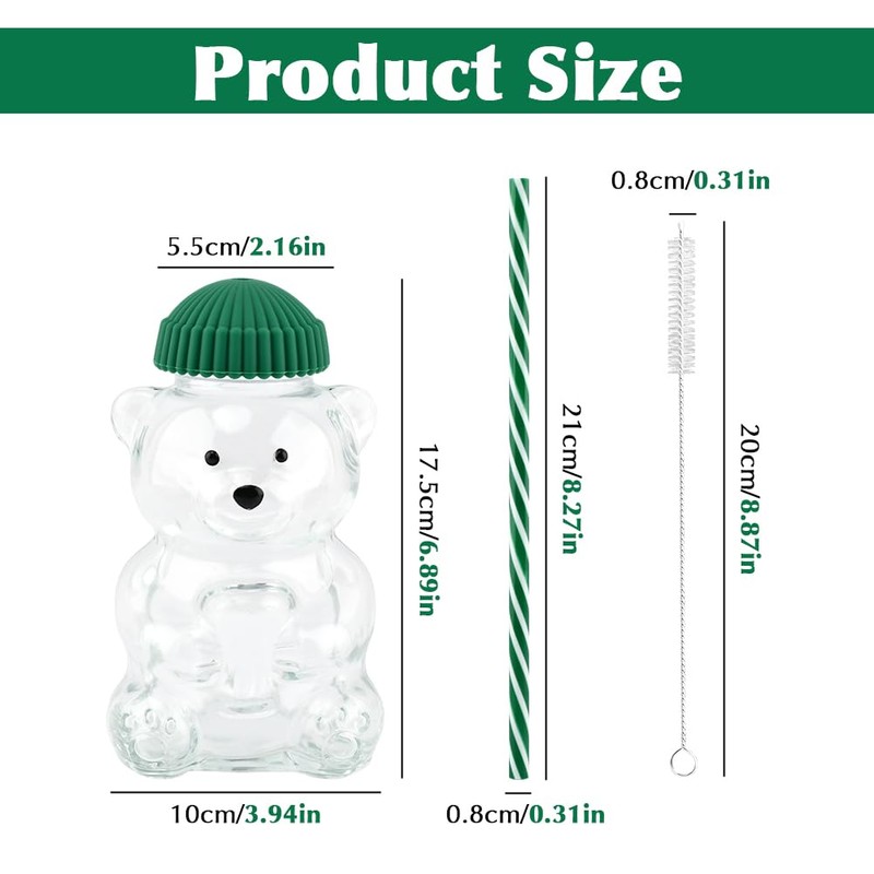 Cute Bear Glass Tumbler with Lid and Straw, 20oz 500ml