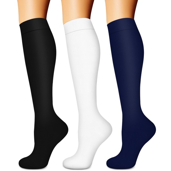 BLUEENJOY - Calcetines de compresión para mujeres y hombres (3 pares), el mejor apoyo para enfermeras, correr, senderismo, recuperación y vuelo