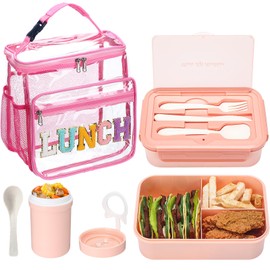 Teenyyou Bento Box Lunch Box Kit Including Large Pink Clear Lunch Bags Leakproof Lunch Box Containers 12 oz Cup Spoon Fork for Women School Travel Picnic Office