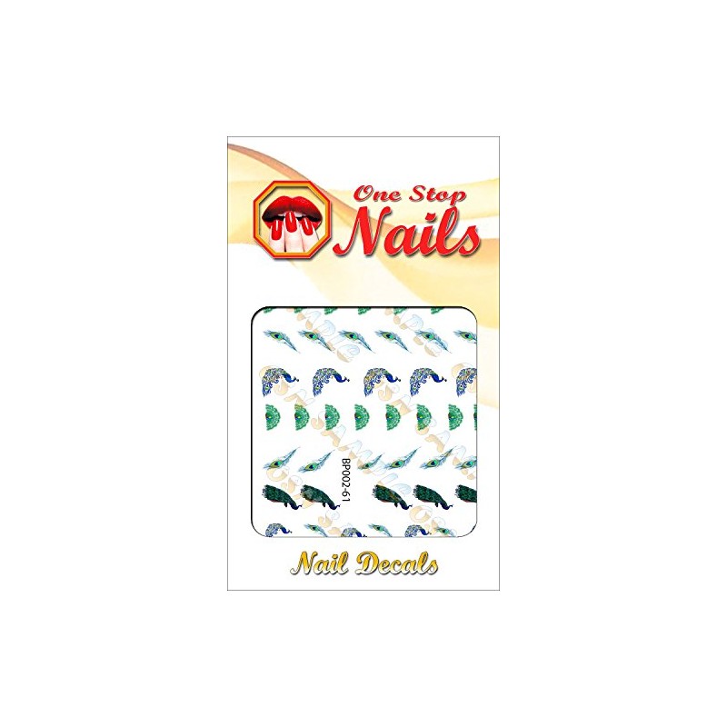 Peacock and peacock feathers clear waterslide nail art decals. Set
