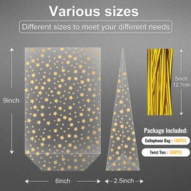 Voikinfo Bottom Gusset Bags 100Pcs 6X9 Gold Star Clear Cellophane Bags Plastic Gift Bags Cello Bags Treat Bags Bulk Party Favor Goodie Cookie with Gold Twist Tie