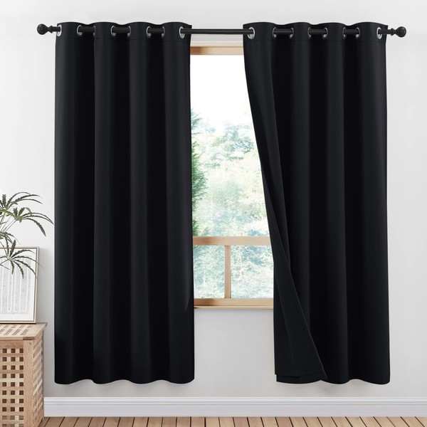 NICETOWN 100% Blackout Window Curtain Panels, Full Light Blocking Drapes with Same Color Liner for Nursery, 72 inches Drop Thermal Bedroom Drapes Curtains (Black, 2 Pieces, 52 inches Wide Per Panel)
