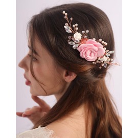 Rumtock Soft Pink Flower Hair Comb with Pearl Handmade Floral Hair Piece for Wedding Brides Women Side Headpiece (Pink)
