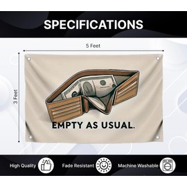 3x5 Ft Financial Drama Polyester Flags with 4 Brass Grommets - Wallet Banner Empty as Usual for Indoor or Outdoor - Dollar Single Sided Flag for Wall Decoration - Banner with Image Wallet with Money