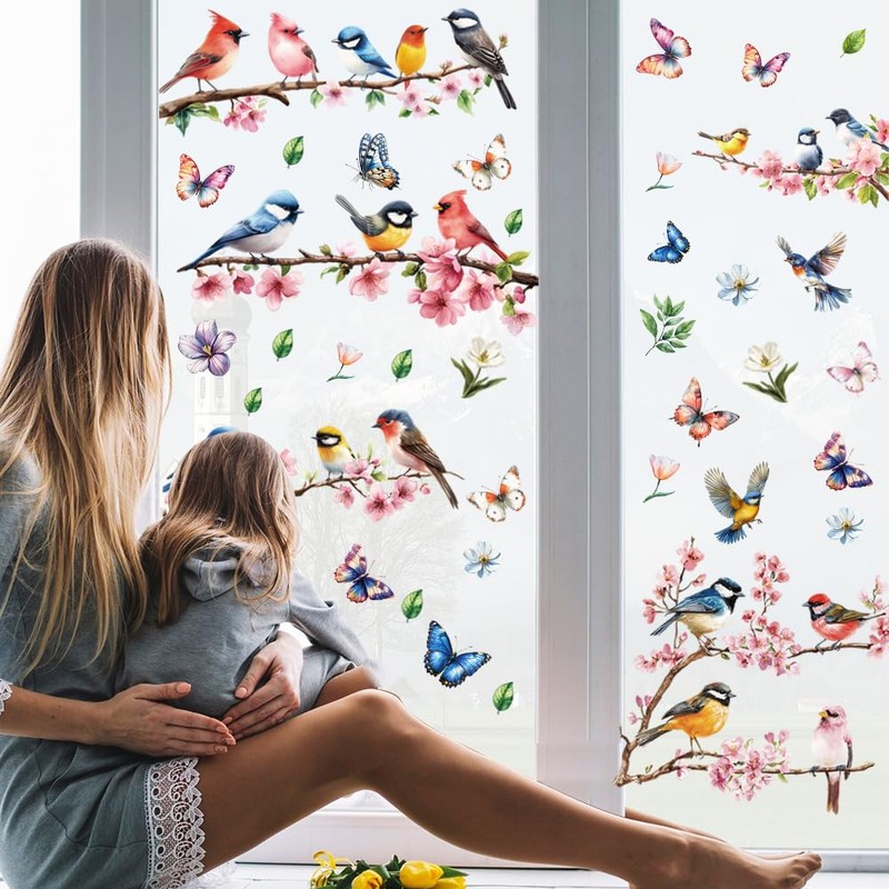 KIKISML 51 PCS Spring Window Clings Stickers, 9 Sheets Flower