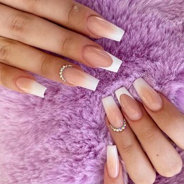 French Tip Press on Nails Medium Coffin Fake Nails with Rhinestones Gradient Designs White Nails Press ons Glossy Glue on Nails Nude Acrylic Nails Cute False Nails Stick on Nails for Women24Pcs